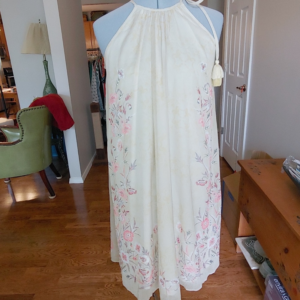 a:glow pale yellow floral tassels halter dress